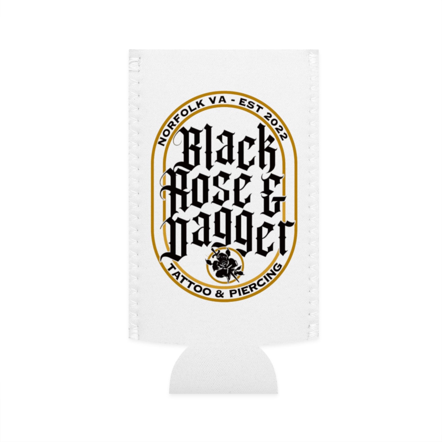 Tattoo-Inspired Slim Can Cooler with Black Rose & Dagger Design
