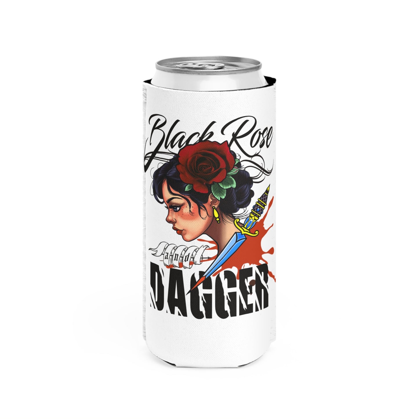 Tattoo-Inspired Slim Can Cooler with Black Rose & Dagger Design