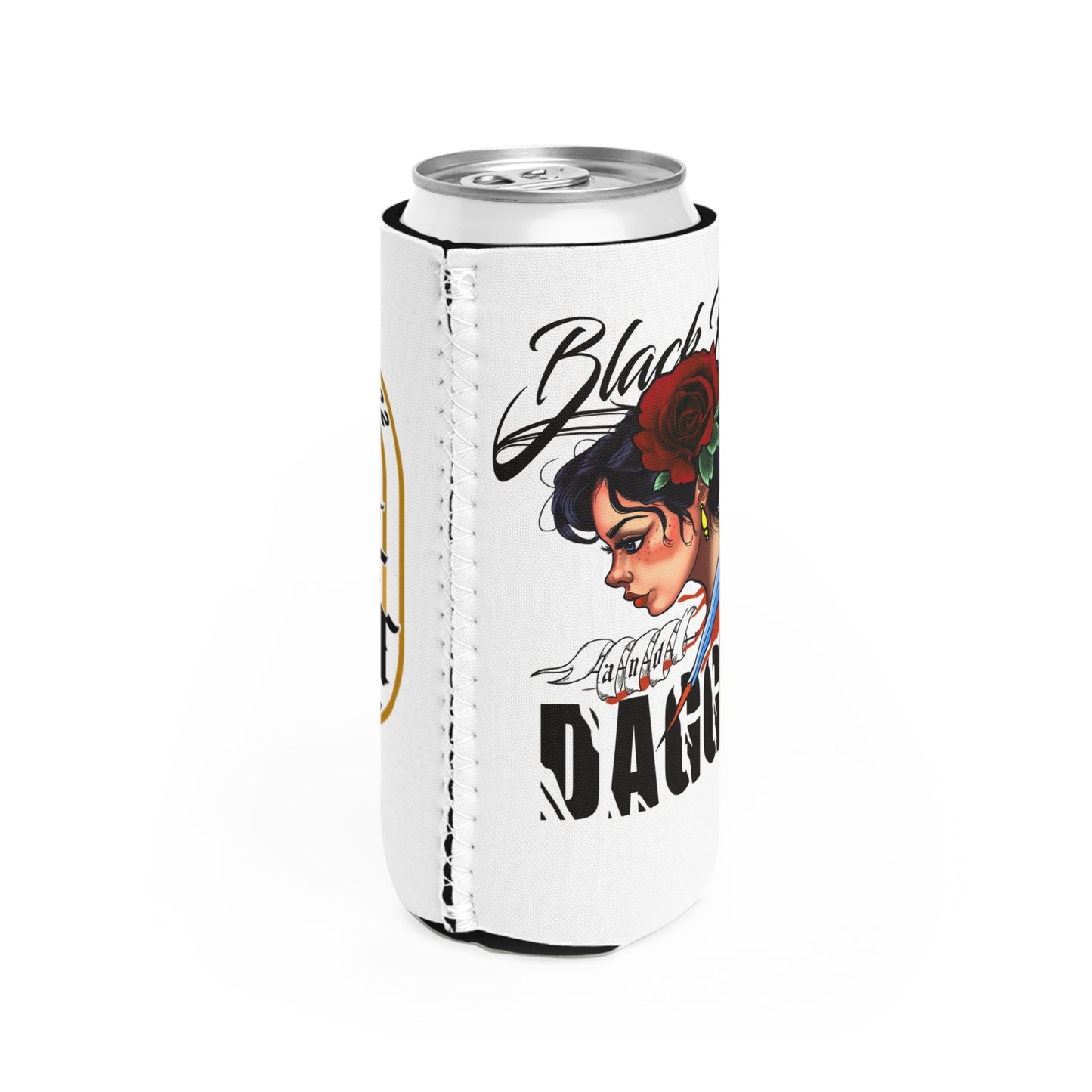 Tattoo-Inspired Slim Can Cooler with Black Rose & Dagger Design